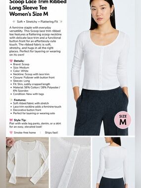Scoop Lace Trim Ribbed Long Sleeve Tee | White